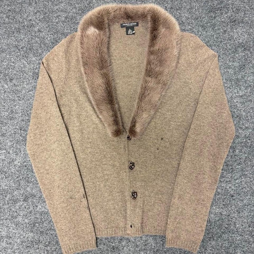 Pamela Dennis Couture Vintage 100% Cashmere Fur Trim Cardigan Brown Tan Large